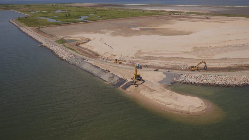 Aerial view of Poplar Island dike construction