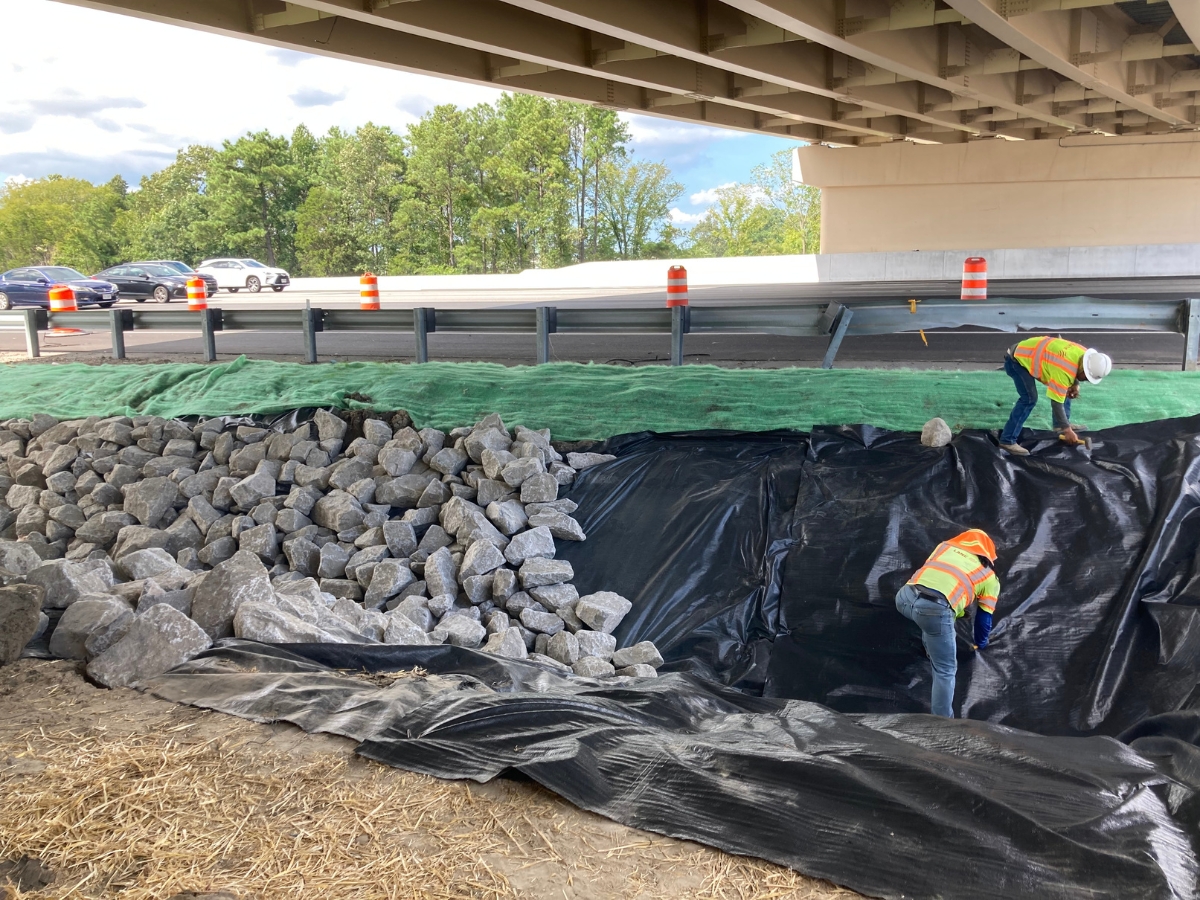 Recyclex Turf Reinforcement Mat and rip rap for interstate improvements